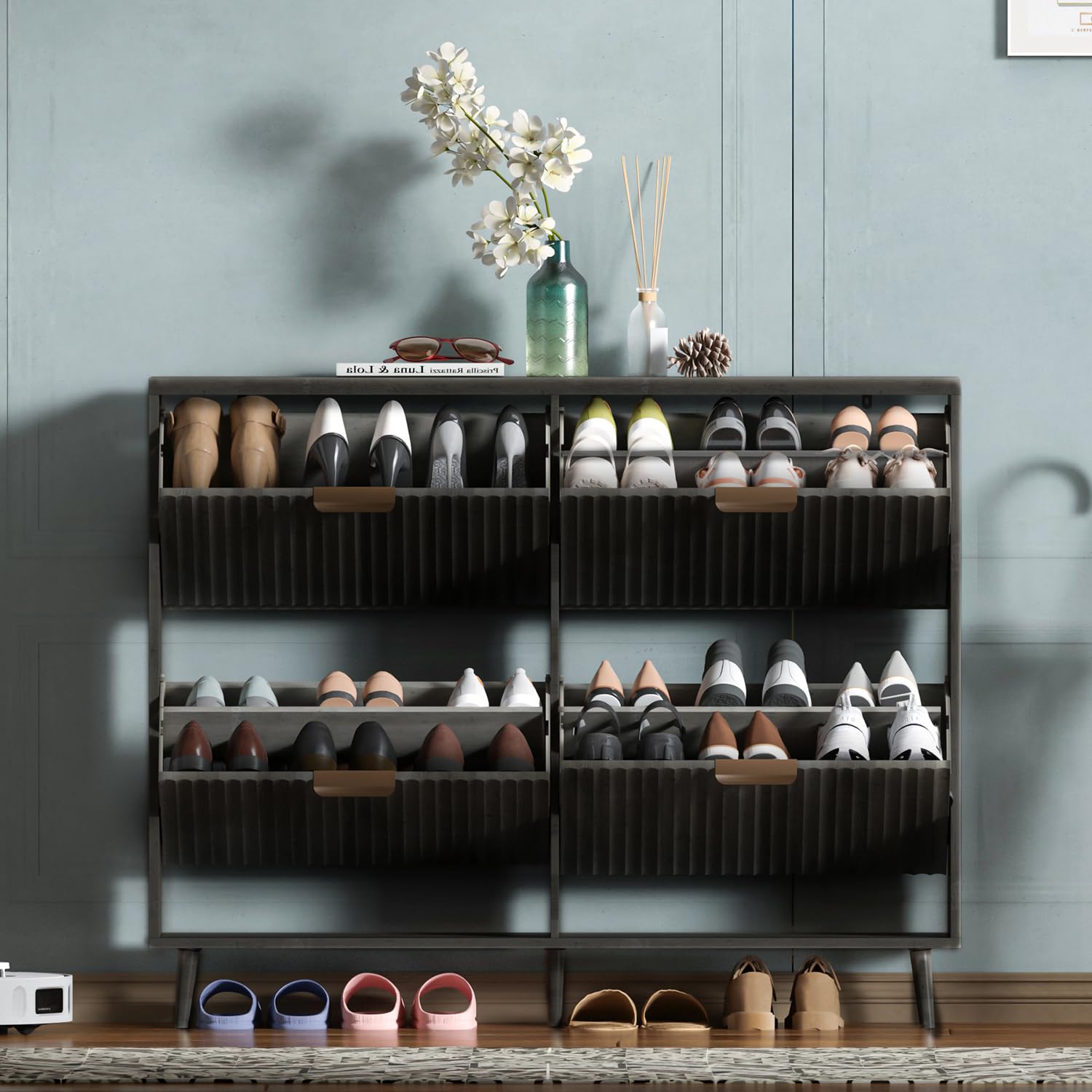 Shoe Rack Cabinet Narrow Entryway - Shoe Cabinet Storage,Modern Freestanding Organizer with