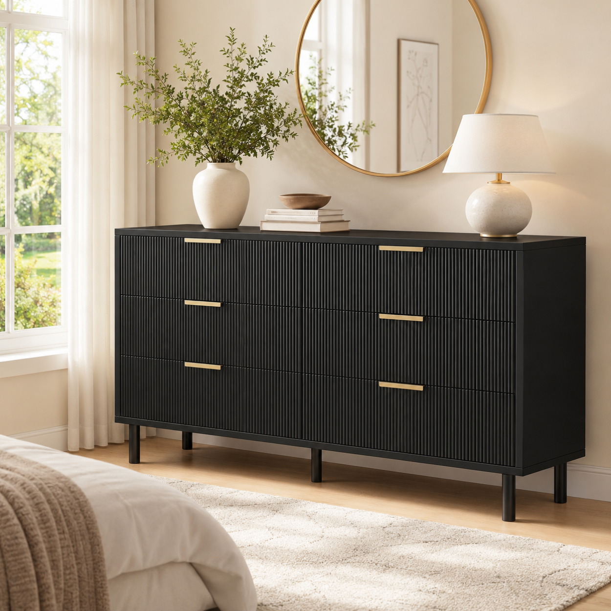 Bedroom Furniture - Fluted 6 Drawer Dresser with Metal